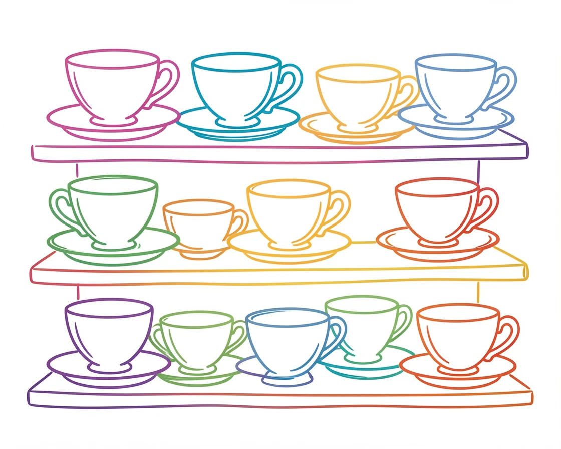 A shelf of colorful vintage teacups and saucers arranged by hue.