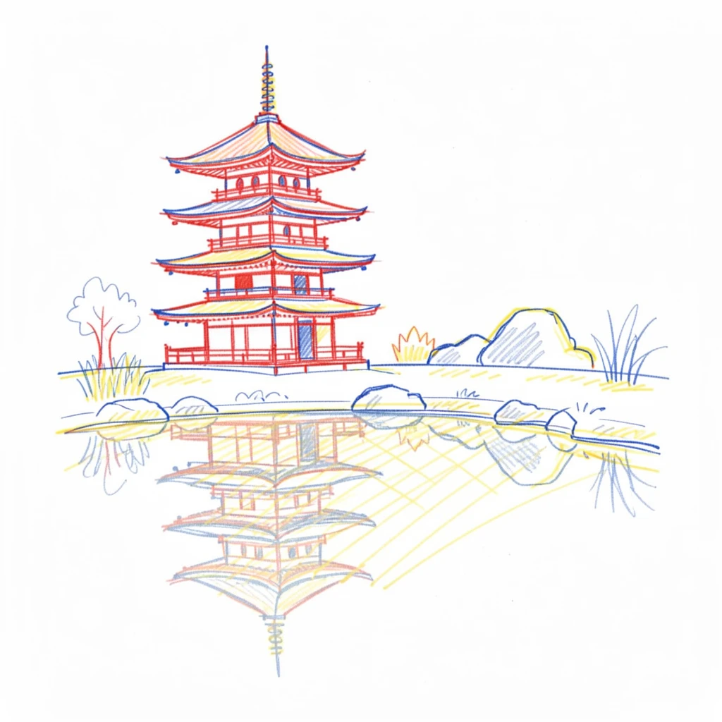 A traditional pagoda reflected in a still garden pond