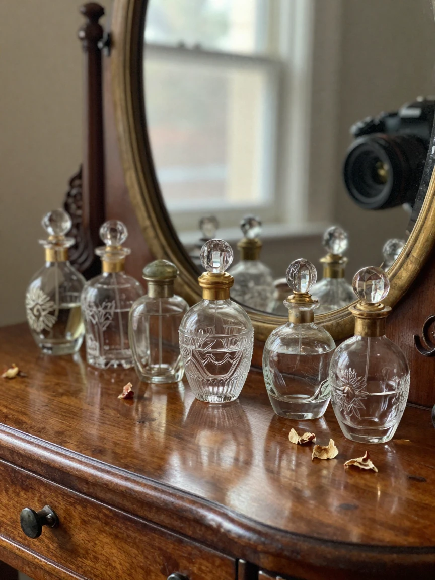 A row of antique perfume bottles on a vanity table