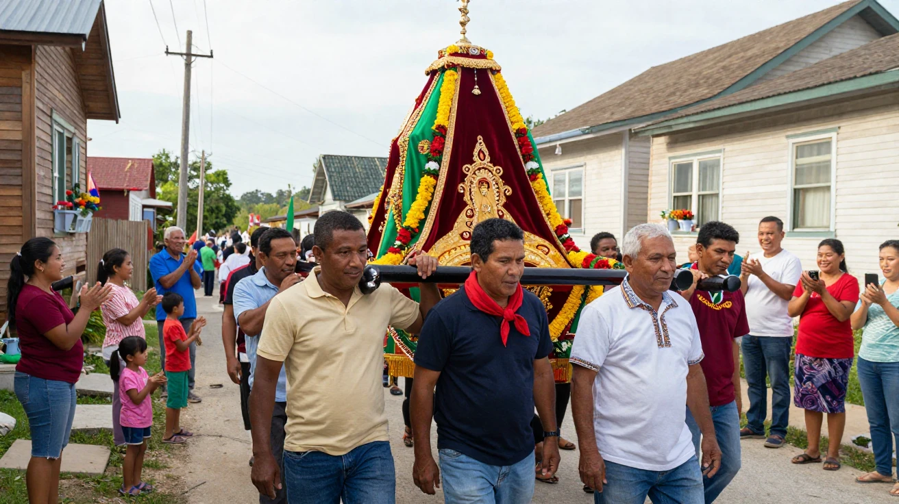 A group carries a decorated palanquin through a village during a religious procession.
