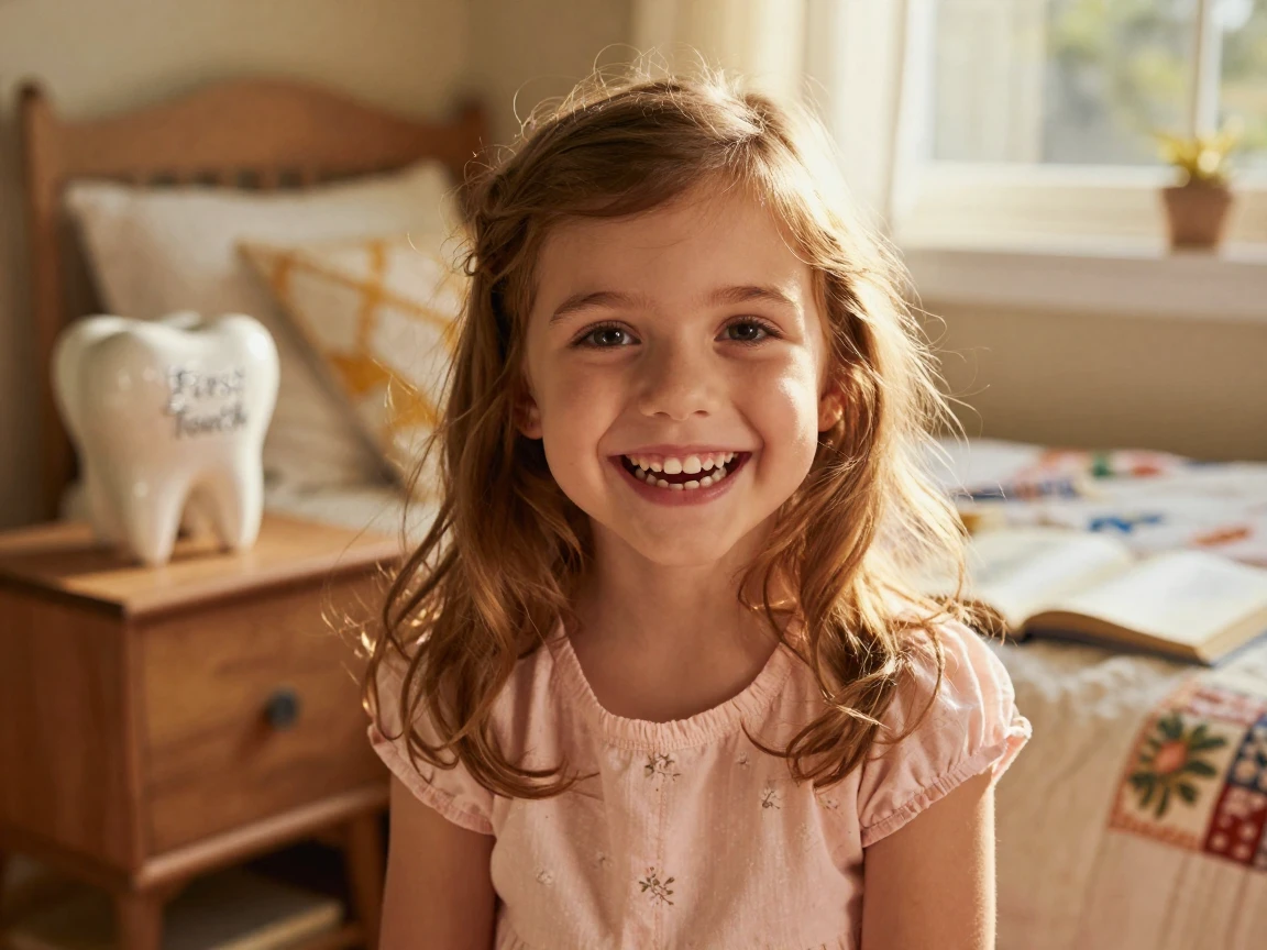A little girl proudly showing off a gap-toothed smile after losing her first tooth