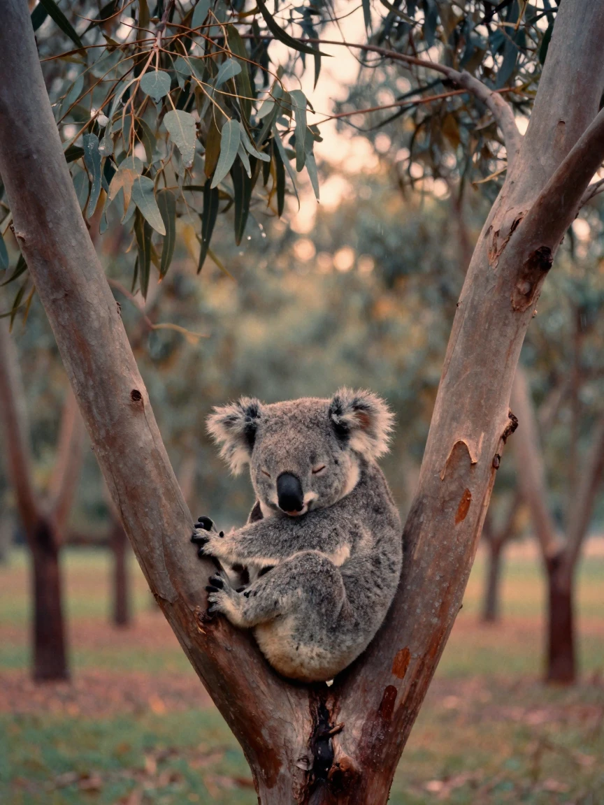 A koala curled asleep in the fork of a eucalyptus tree, under soft golden-hour light, under a light drizzle, in the depths of winter, in vivid coral and turquoise hues, framed symmetrically down a long corridor.