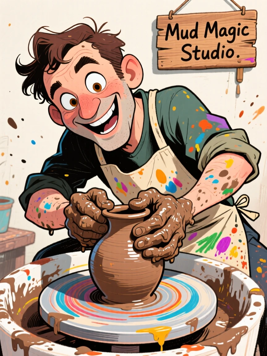 A potter shaping clay on a spinning wheel, hands covered in wet clay.