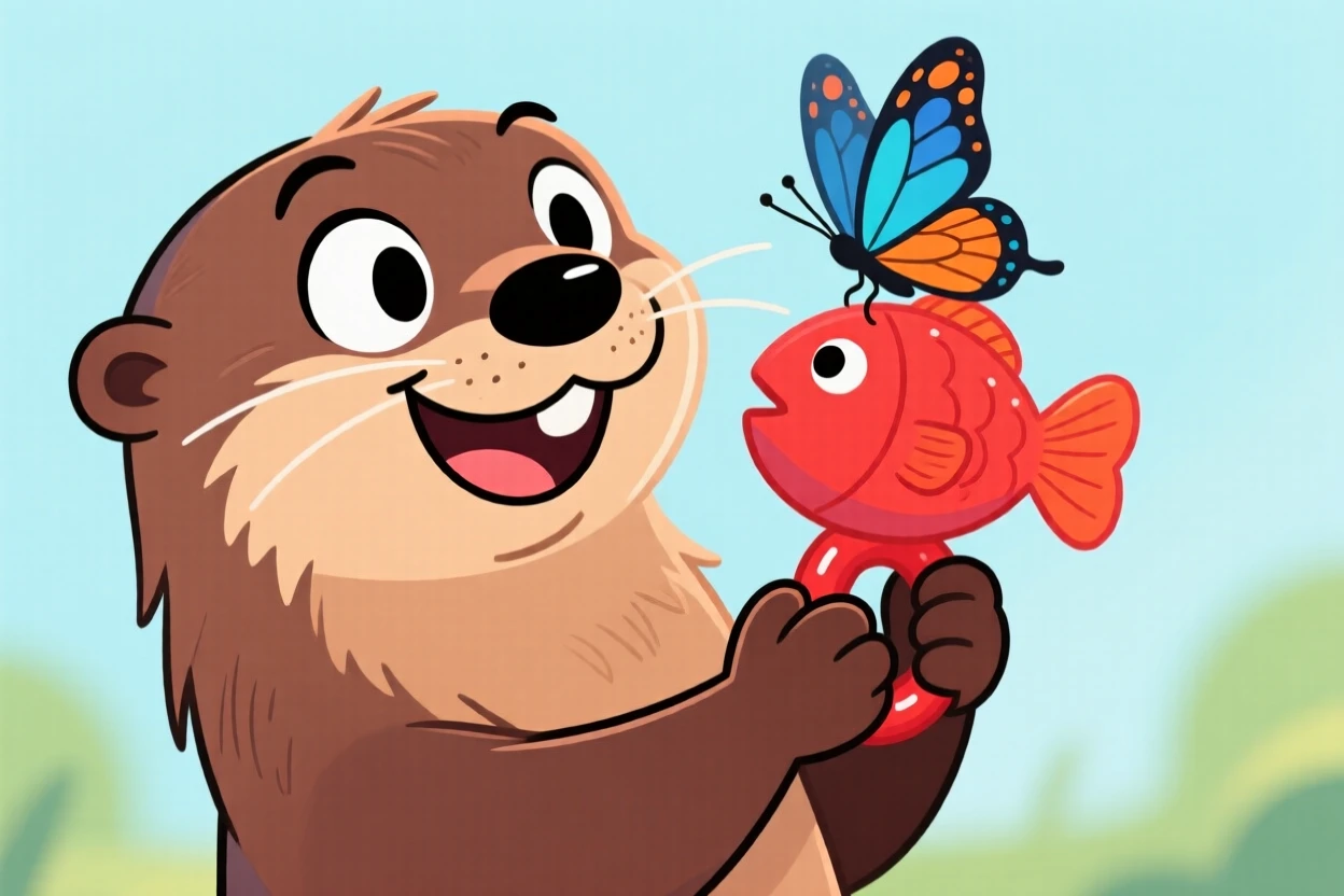 A playful pet moment featuring a playful otter tilting its head at a squeaky toy, as a butterfly lands on its nose.