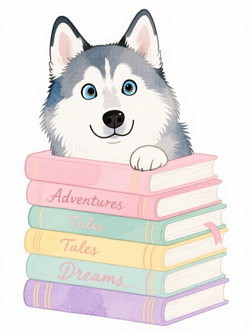 A majestic husky peeking out from behind a stack of books