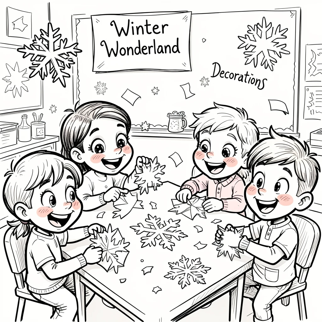 [Seasonal Holidays & Celebrations] Festive scene of children making paper snowflakes for winter classroom decorations, full of celebration and joy