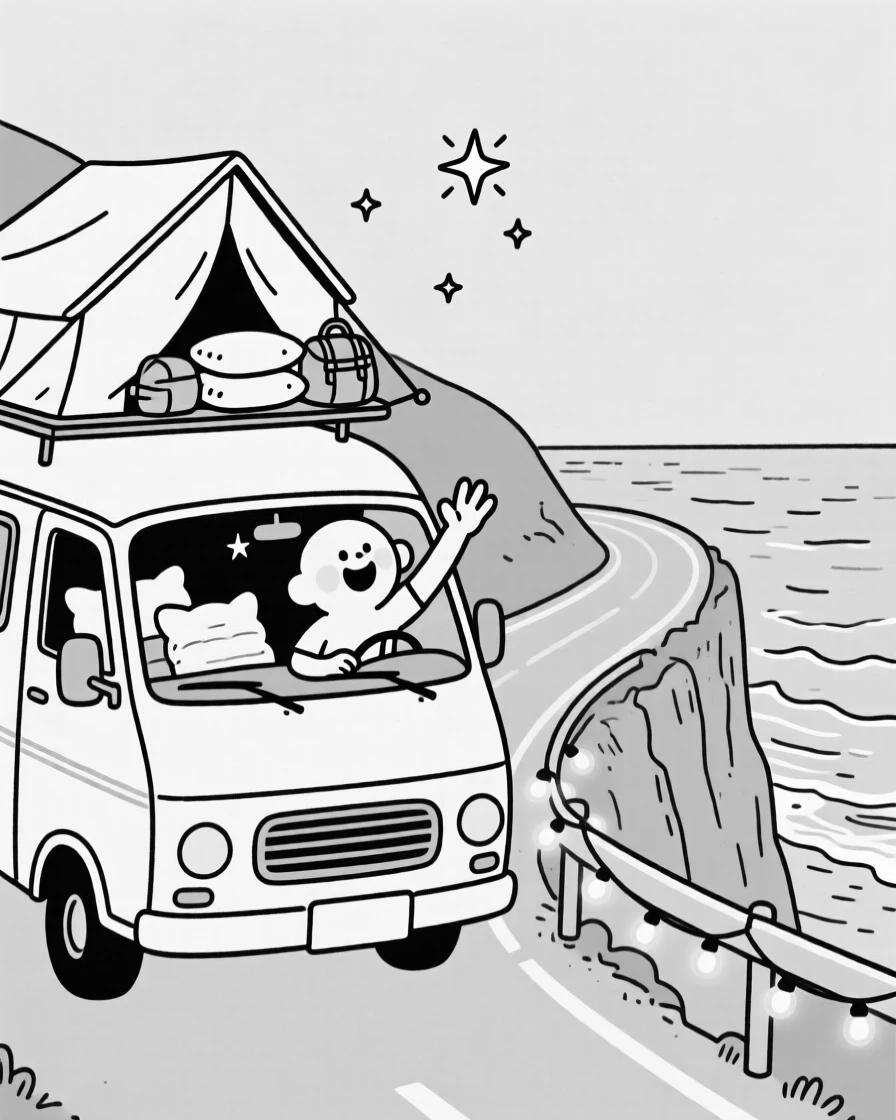 A camper stargazing from atop a van rooftop tent, waving through a windshield stacked with pillows and bags, set along a cliffside road overlooking the sea. Fairy lights twinkle along a nearby railing. The image feels like a postcard brought playfully to life.