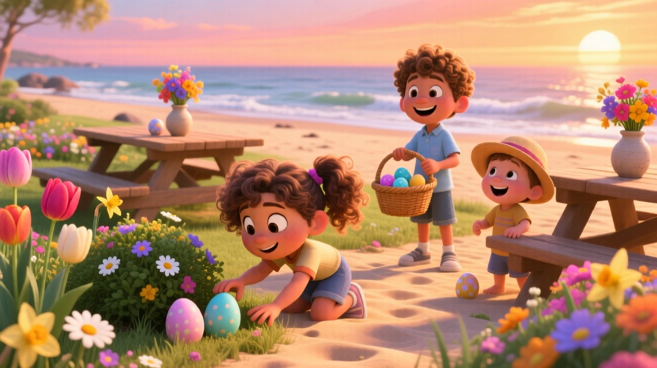 Kids hunting for hidden eggs in a spring garden happens on a beach during a warm summer sunset, with fresh flowers decorating every table. A cozy, cheerful spirit radiates through the moment.