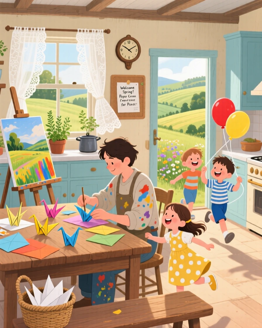 A painter working at an easel spends the morning folding paper cranes at a kitchen table in a countryside farmhouse kitchen, while children skip past with balloons.