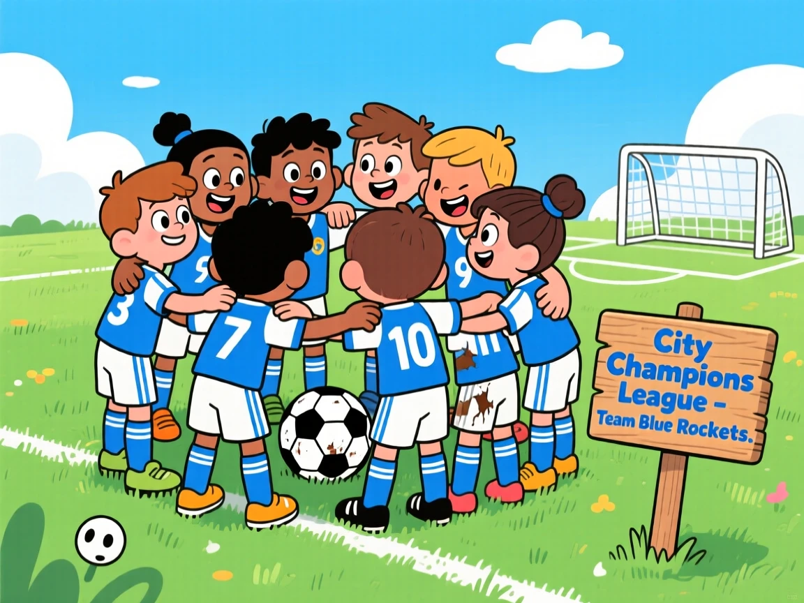 A youth soccer team huddled together before a big match.