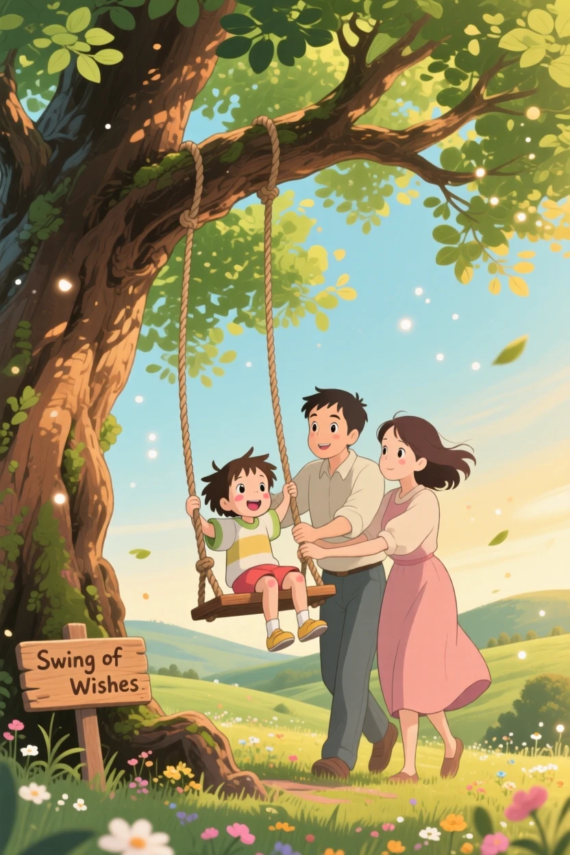 Parents pushing their child on a rope swing beneath an old tree, the scene full of gentle love.