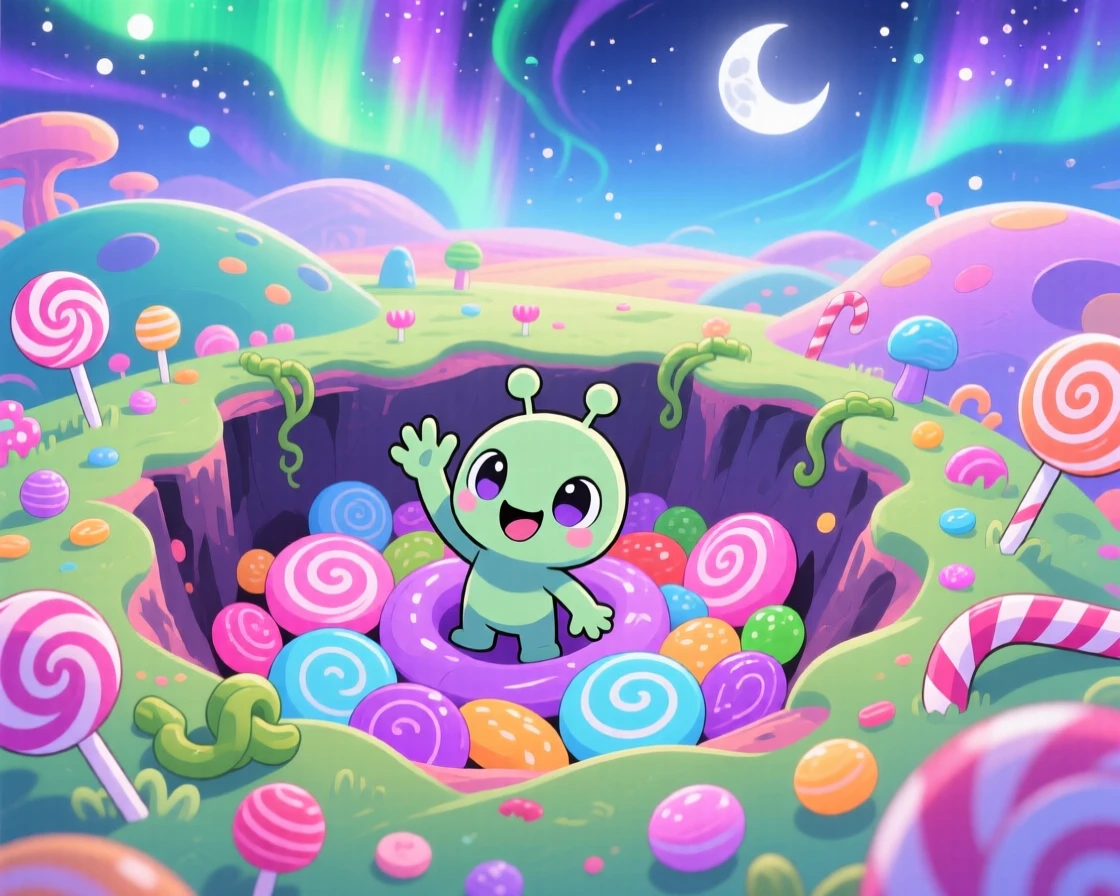 A tiny alien friend waving from a colorful crater in a candy-colored alien landscape beneath swirling aurora-lit skies; soft moonlight washes over the scene as delighted joy fills the moment. High aerial view.