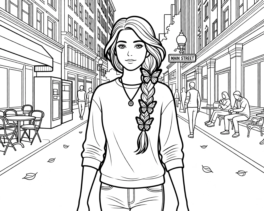 A butterfly hair clip set nestled in loosely braided hair, worn while walking down a busy city street.