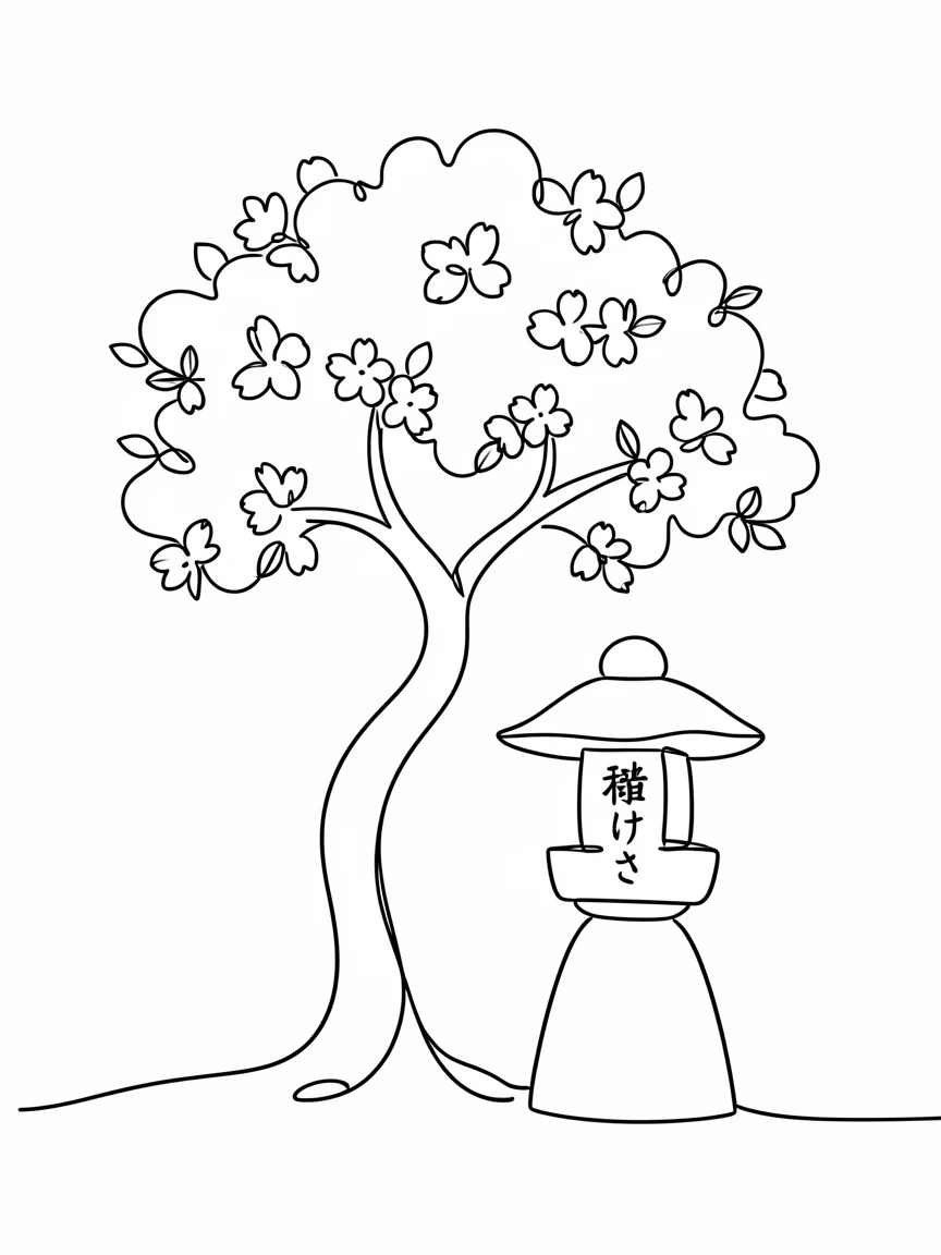 A single blossoming cherry tree standing beside a quiet stone lantern