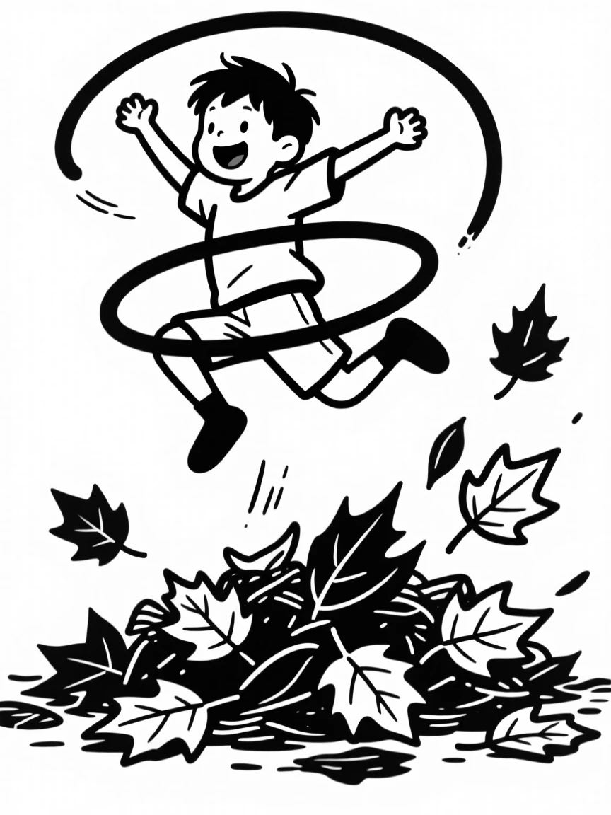 A young boy jumping into a pile of autumn leaves.