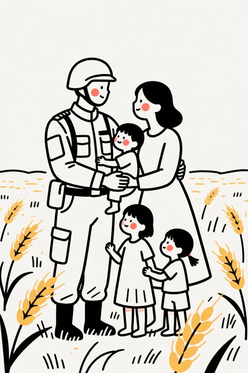 A soldier reuniting with family in a wheat field at harvest.