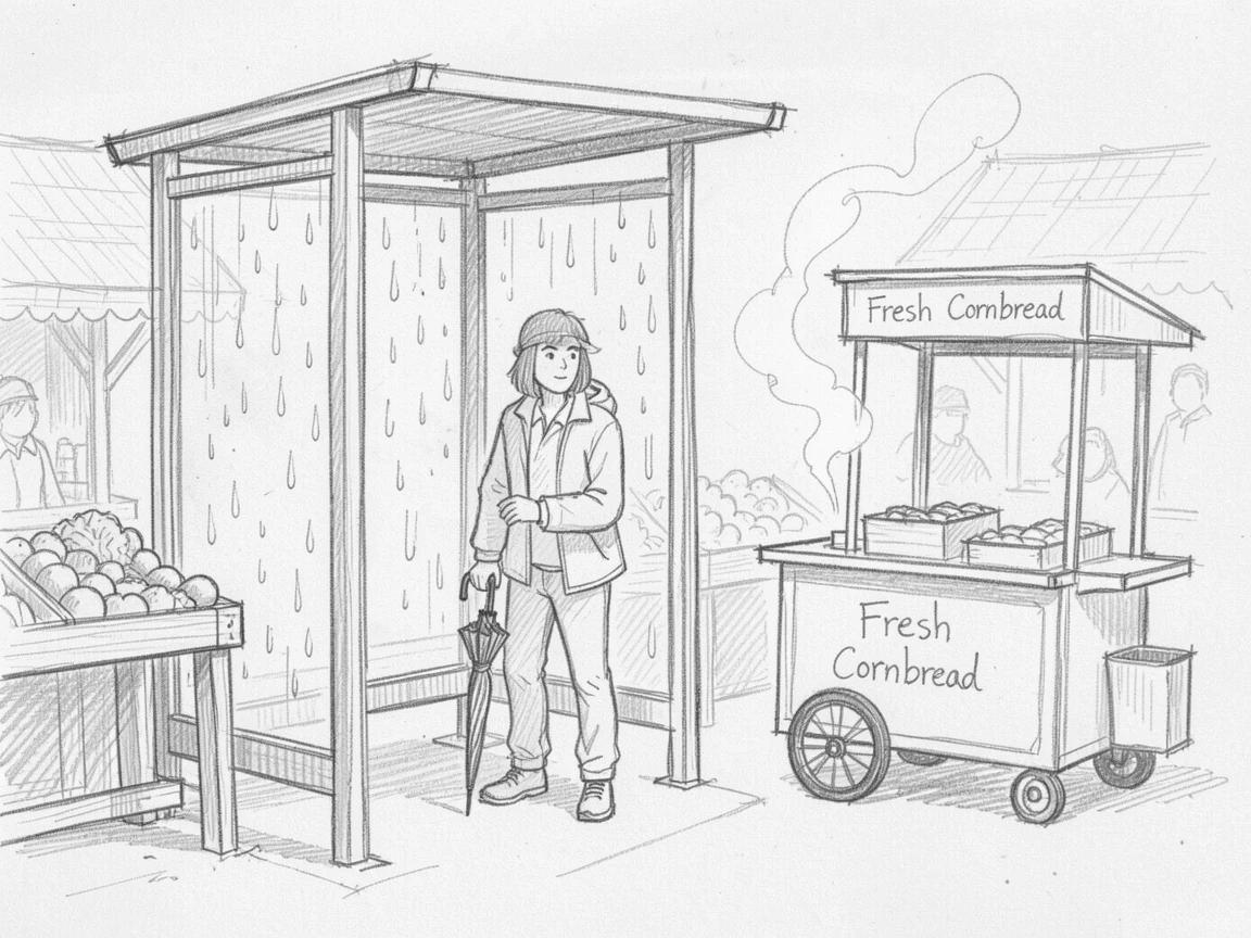 A warm everyday moment: a commuter waiting at a rain-streaked bus stop in a sunlit farmers market, with warm steam rising gently.