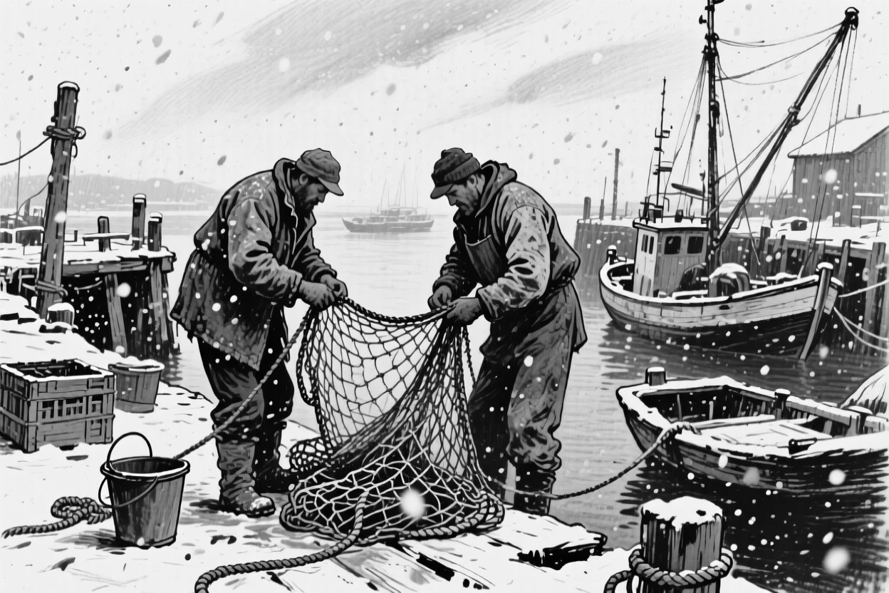 Fishermen mending their nets at a small harbor, under a soft blanket of falling snow.