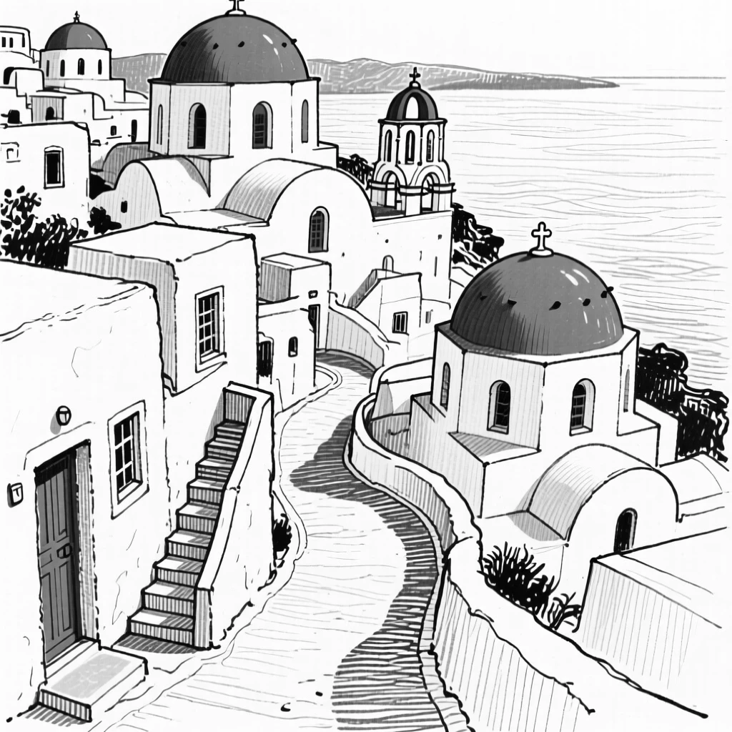 The winding streets of Santorini with white buildings and blue-domed rooftops overlooking the sea.
