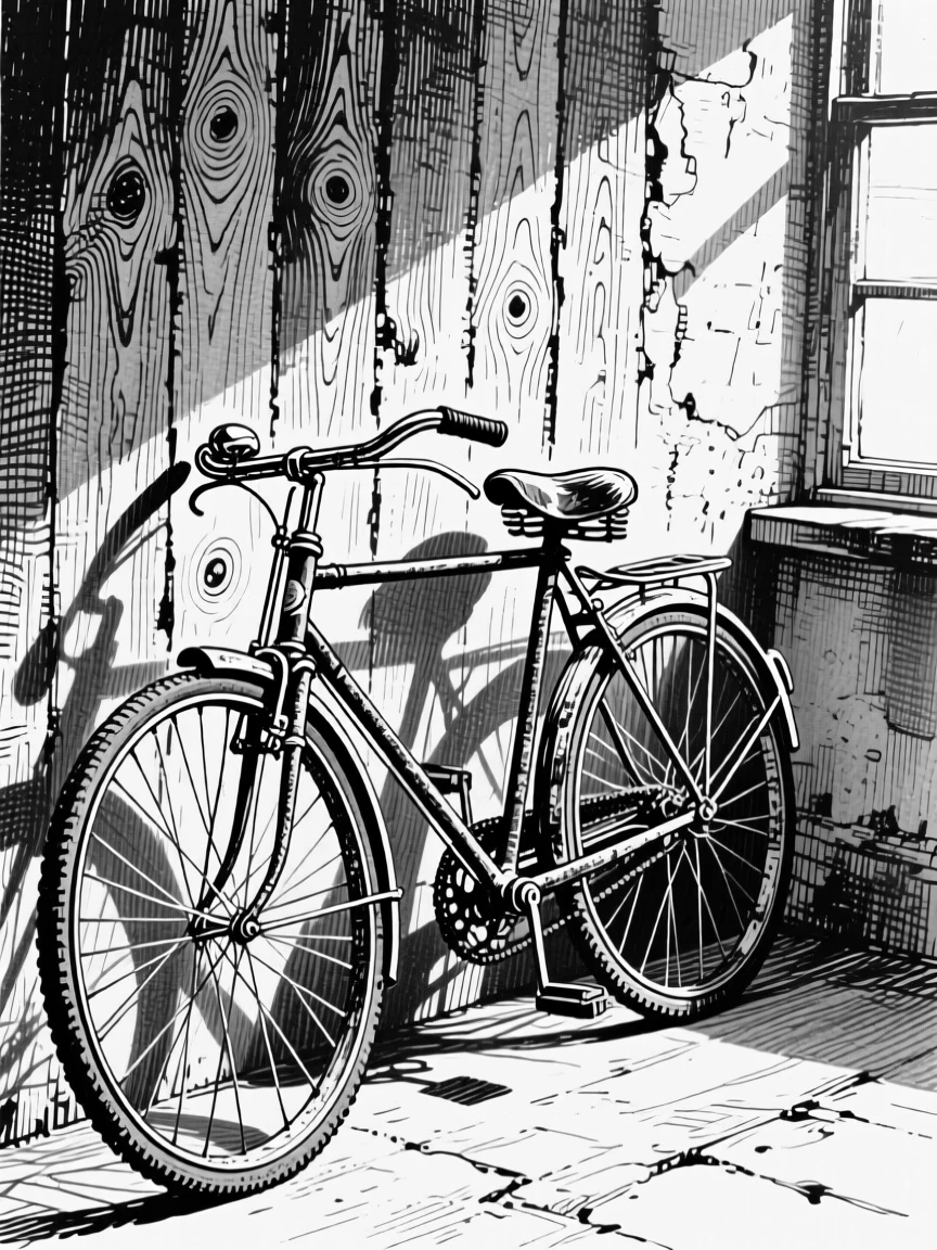 An old bicycle leaning on a wall resting on a sunlit windowsill, with the texture of aged wood grain visible beneath it, forming a quietly nostalgic still-life study.