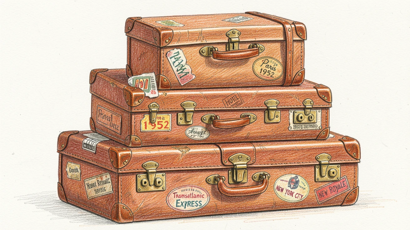 A stack of vintage suitcases tagged with old travel stickers, with rich textures and fine decorative details, full of storytelling character and warmth.
