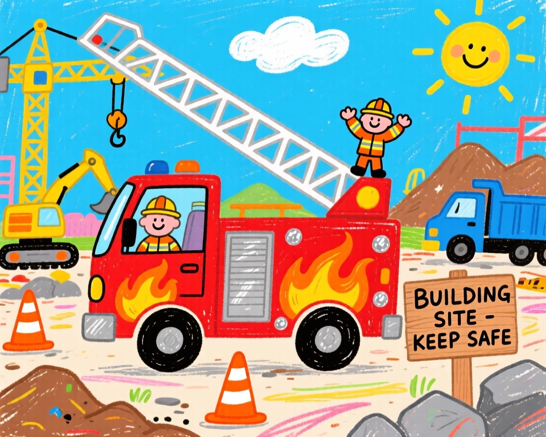 A shiny fire engine ladder truck working at a busy construction site.