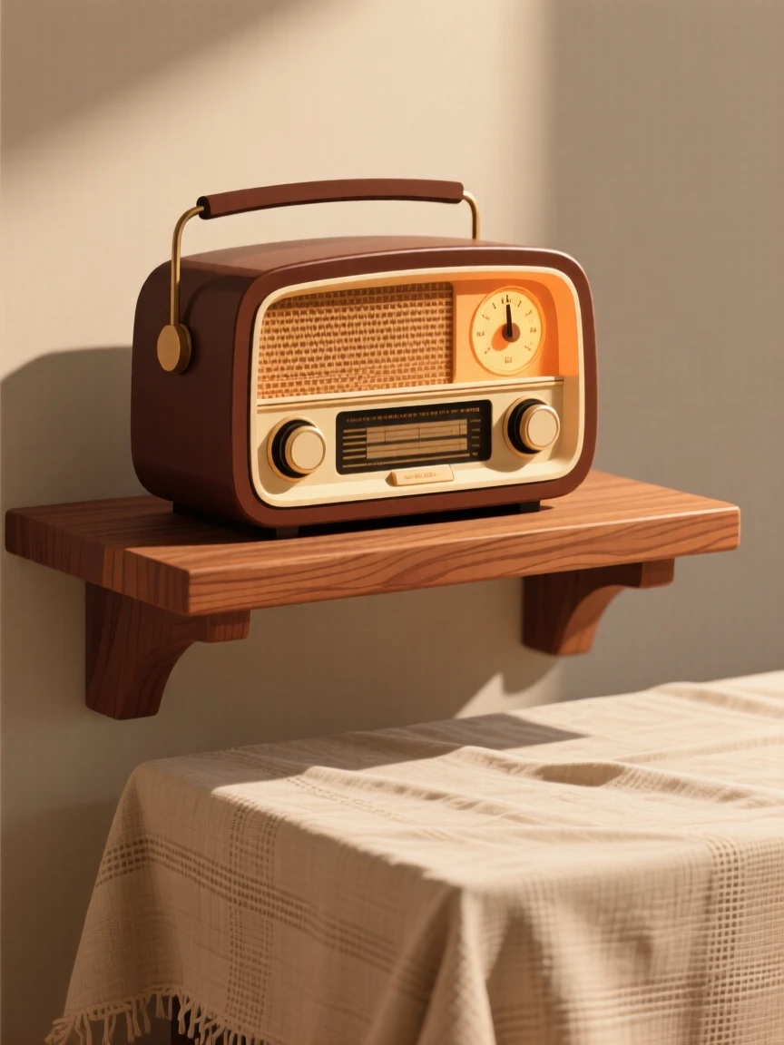A vintage radio glowing warmly on a wooden shelf, arranged on a rustic linen tablecloth, arranged with soft layered shadows adding dimension, with a clean, elegant simplicity.