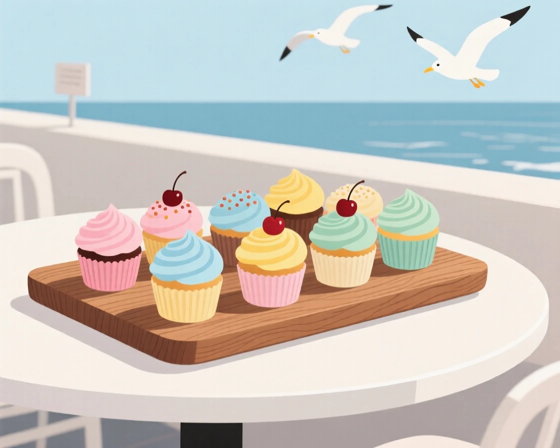 A tray of colorful cupcakes beautifully displayed on a rustic wooden board at a seaside restaurant.