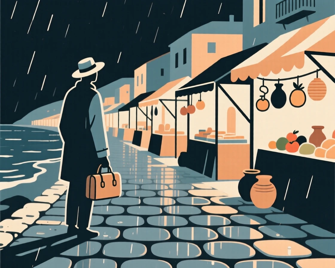 A traveler standing before a bustling night market in a coastal Mediterranean town, with cobblestone streets glistening with rain nearby, feeling timeless nostalgia.