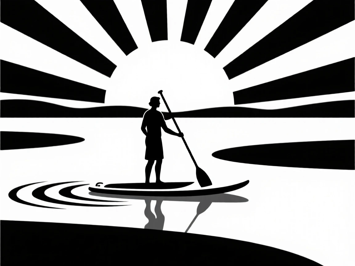A paddleboarder crossing a calm lake at sunrise.