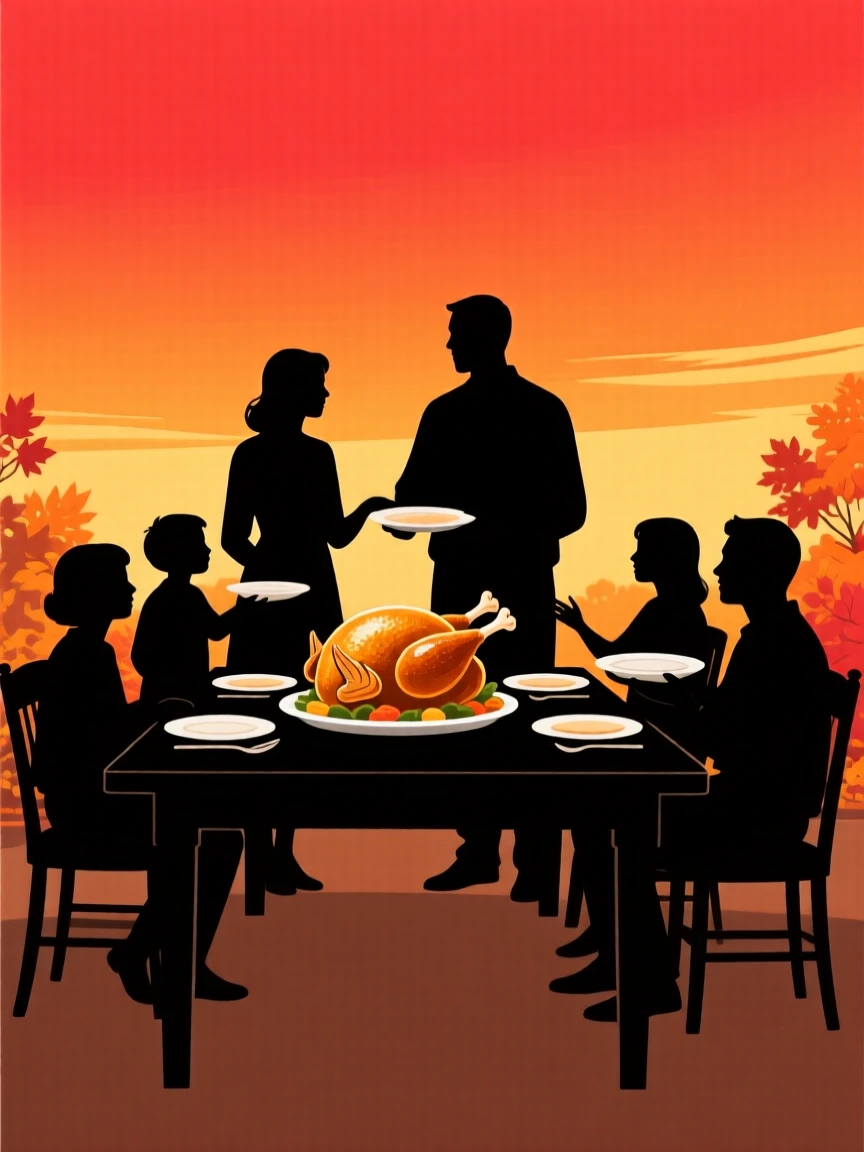 A table set with a golden roasted turkey surrounded by family.