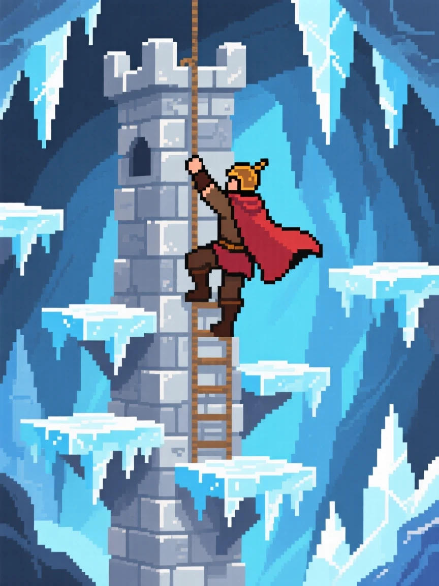 A pixelated hero climbing a tower guarded by floating platforms, within a frozen ice cave dungeon.