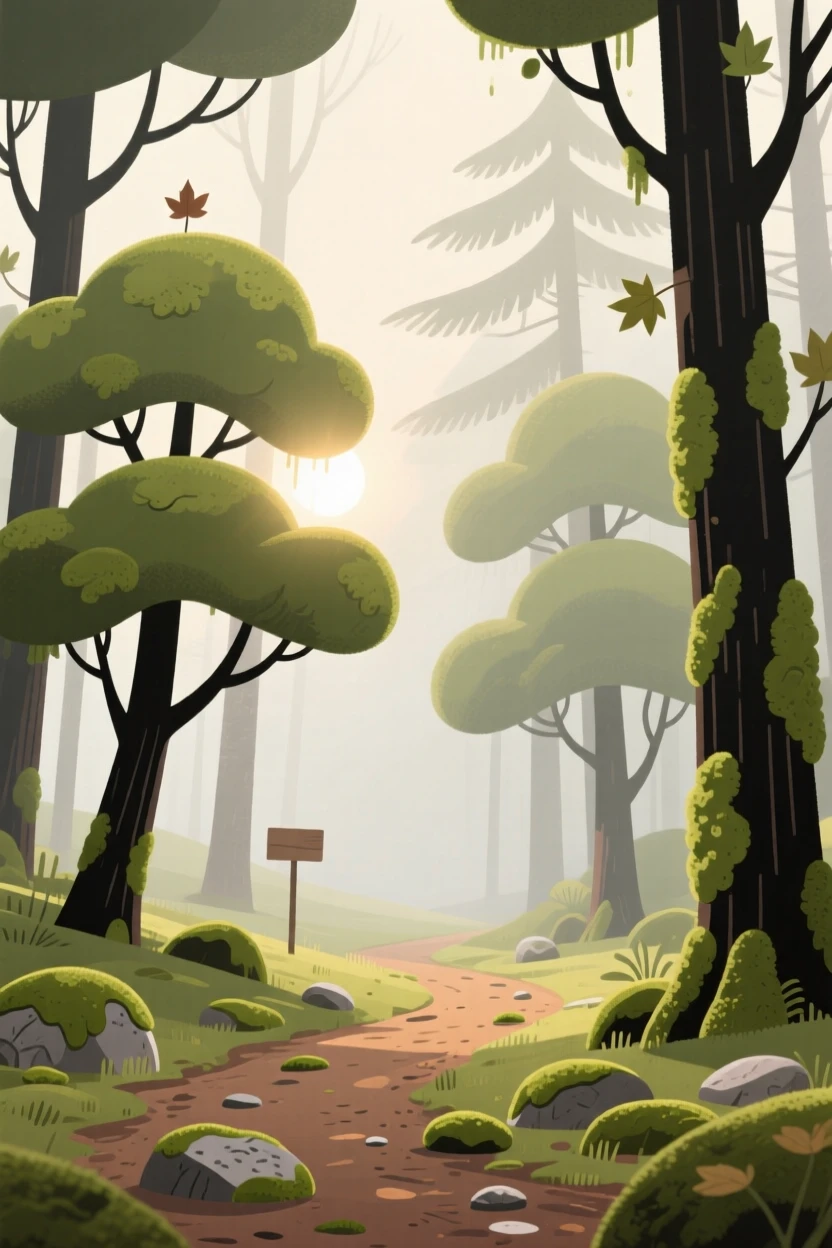 Sunlight filters through a misty pine forest of moss-covered maples, casting soft green light across a winding dirt trail scattered with smooth mossy stones.
