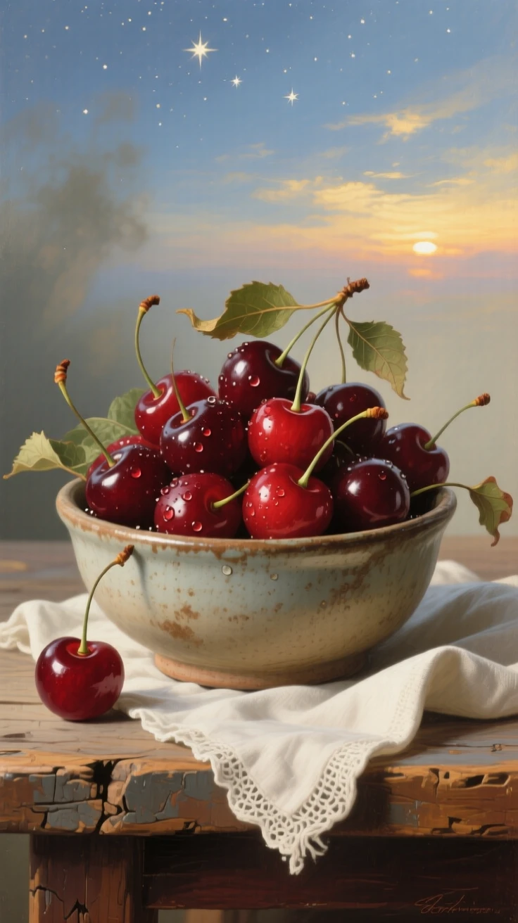 A close-up view of a bowl of freshly picked cherries beside a linen napkin, just after sunrise, under a canopy of stars.