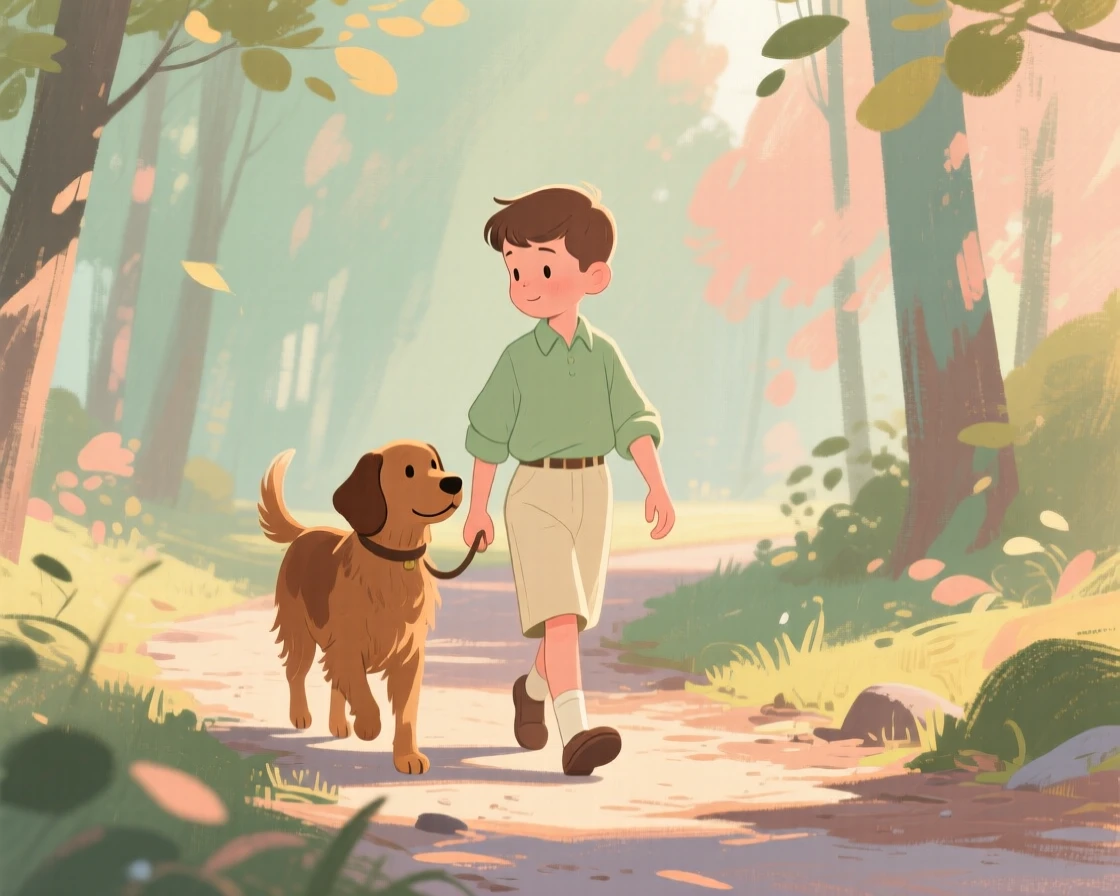 A young boy and his dog exploring a forest trail together