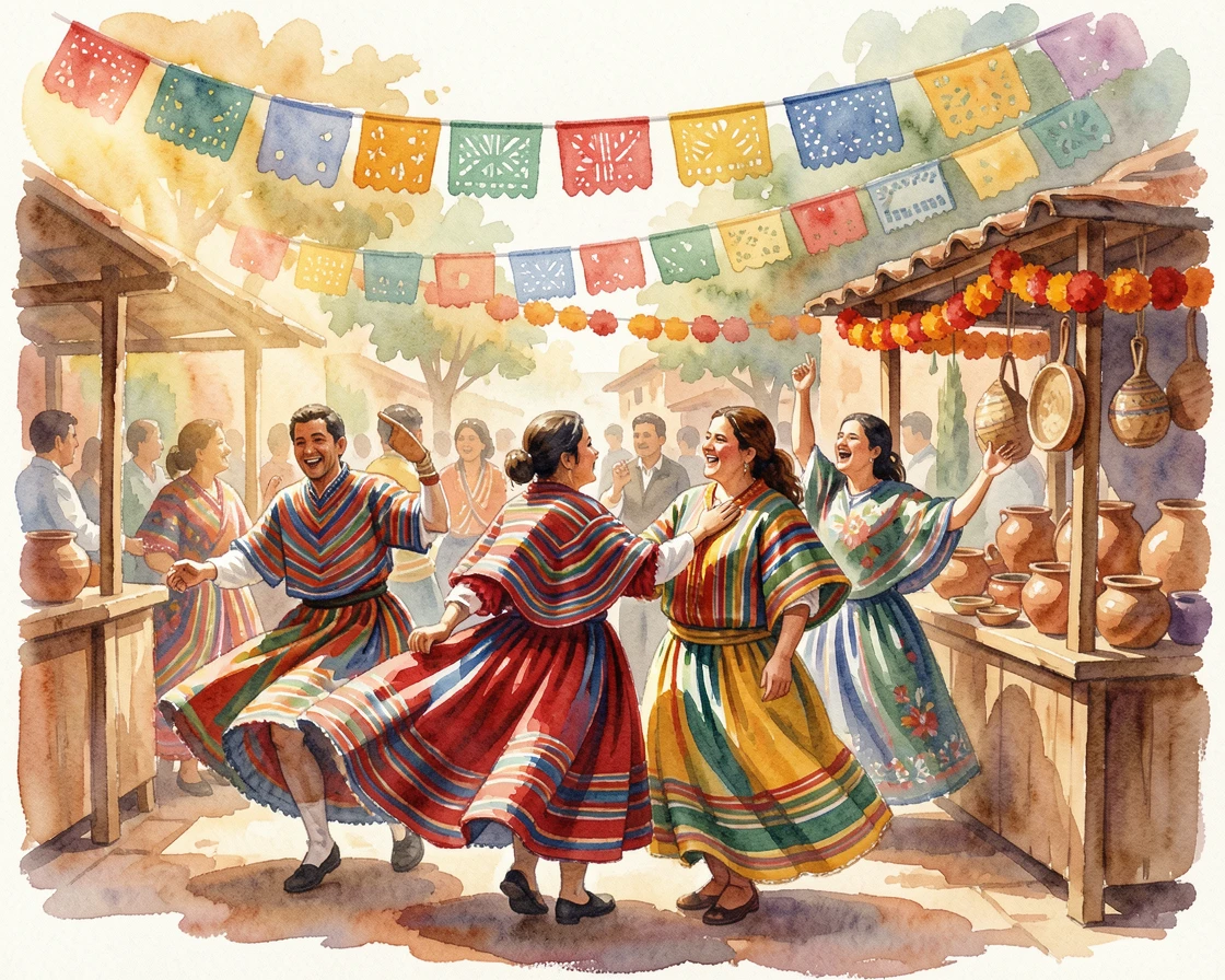 A Peruvian festival with dancers in bright woven textiles surrounded by vibrant traditional decorations.
