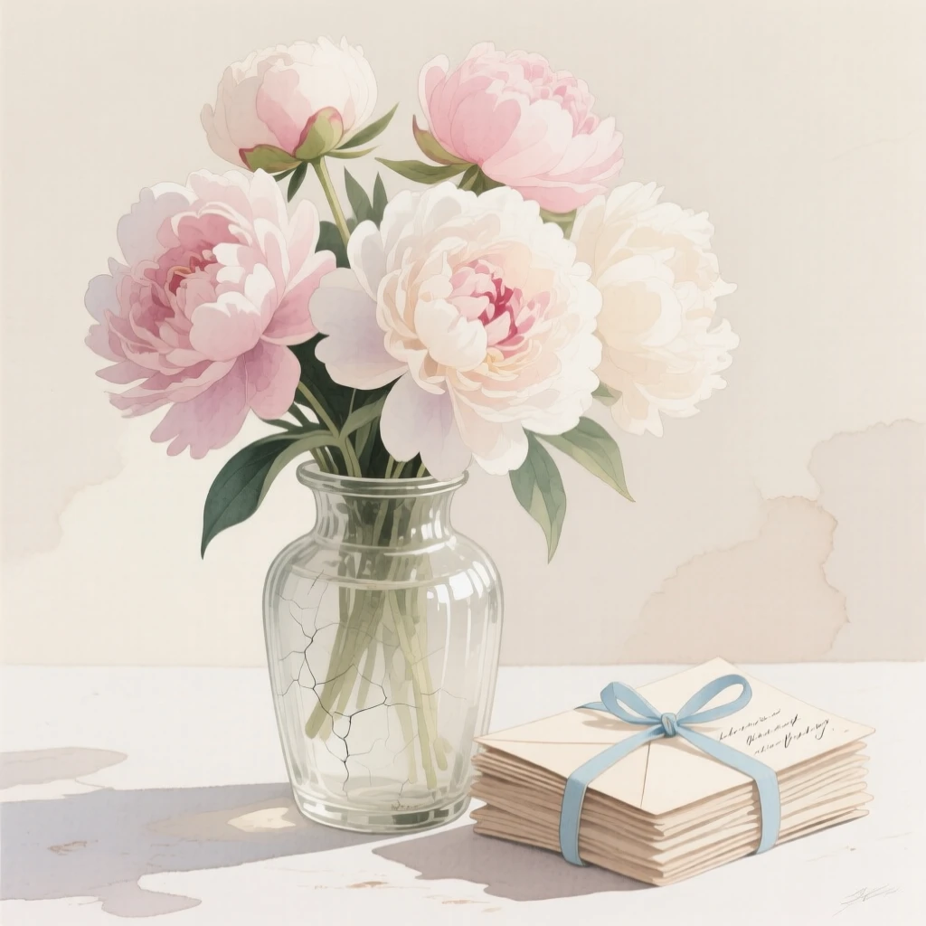 A bouquet of peonies in soft, layered tones fills a vintage glass vase beside a stack of handwritten letters, petals catching the gentle light