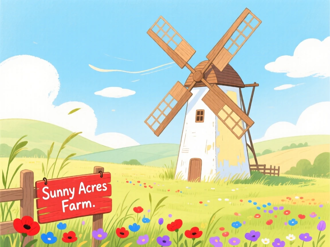 A charming scene of a farmhouse windmill turning in a summer breeze.