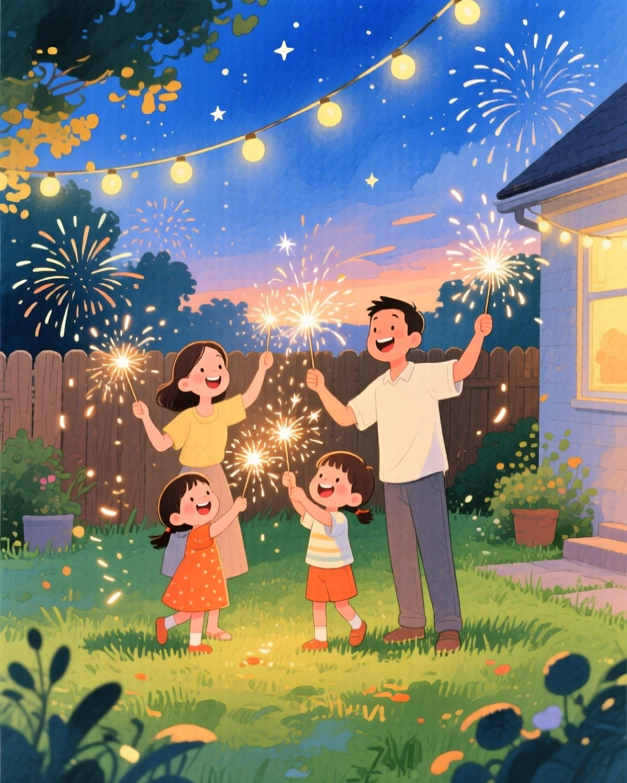 A family lighting fireworks on a summer night, in a backyard glowing with sparklers and string lights, with laughter and smiles caught mid-celebration, evoking joyful celebration and togetherness.