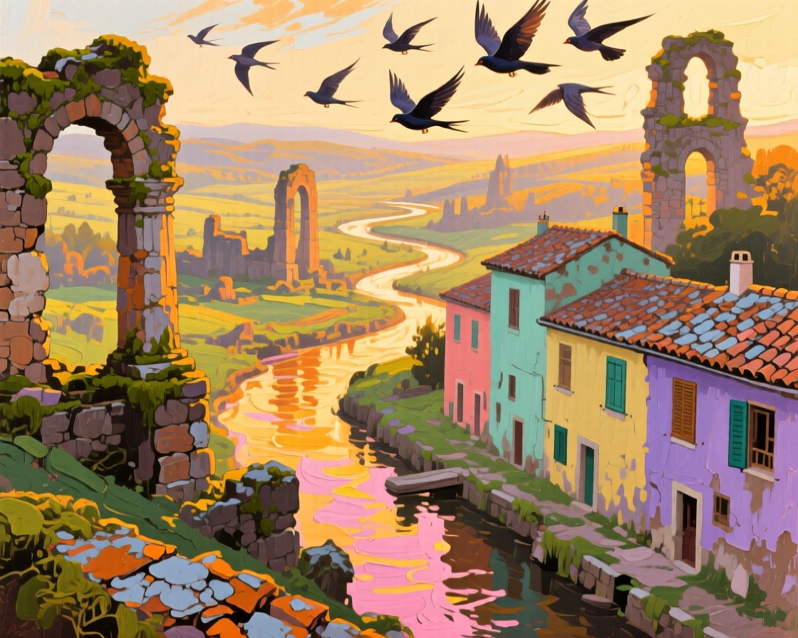 Overlooking a vast valley dotted with ancient ruins, a network of canals lined with pastel-colored houses, birds circling above the weathered rooftops, at golden hour, warm light bathing every surface.