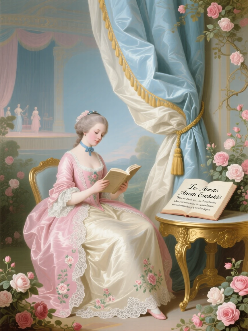 A lady reading a romantic play beside an open theater curtain  