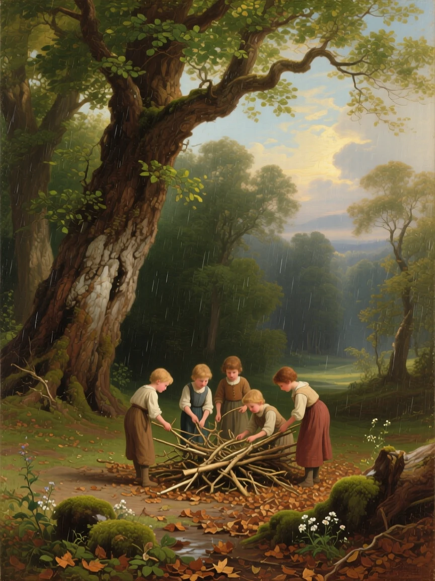 A group of children gathers fallen branches in a forest clearing ringed by oaks while rain patters softly on the leaves.