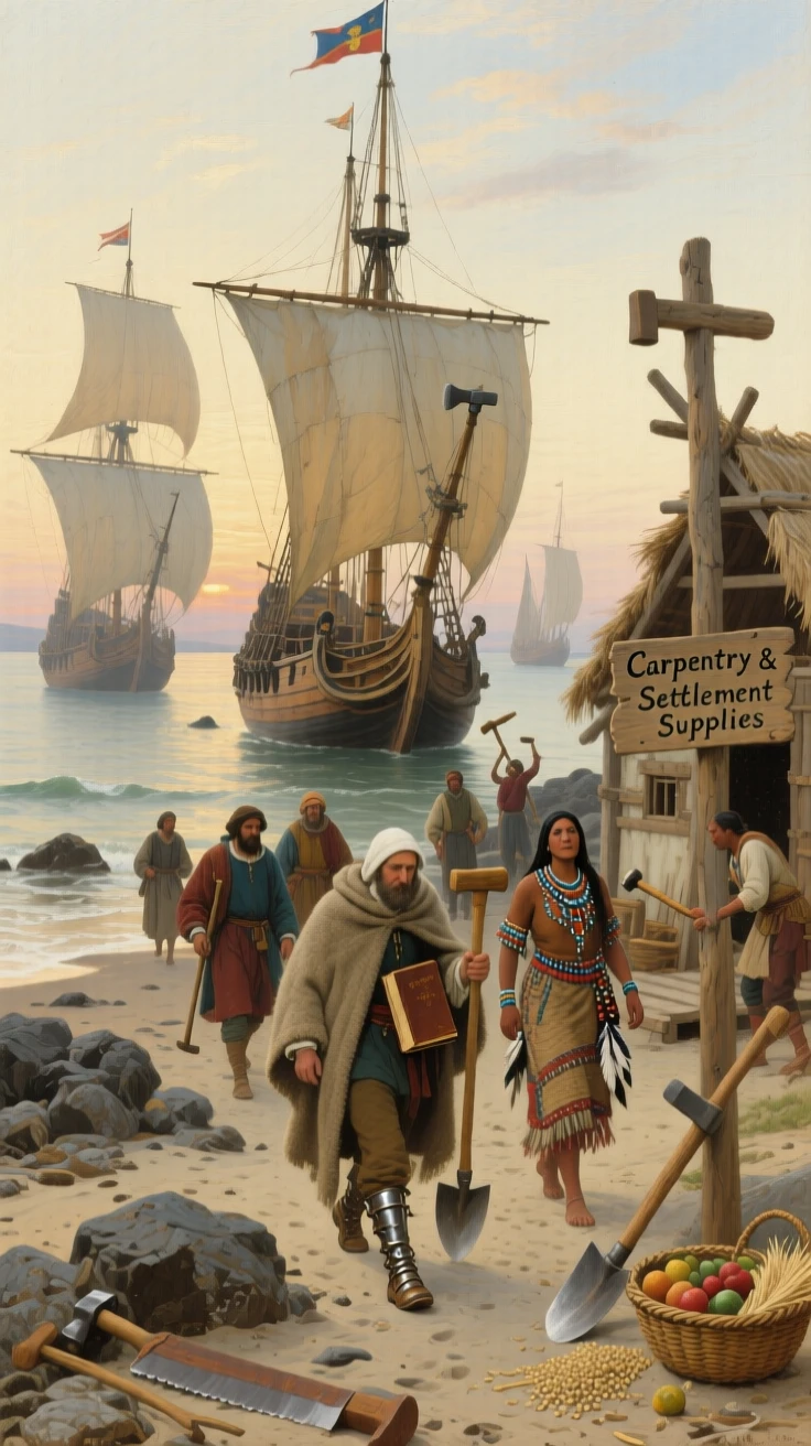Pilgrims arriving on the shores of a new world, ships anchored offshore, with rich period-accurate clothing, tools, and architecture throughout, celebrating the rich diversity of world cultures and traditions
