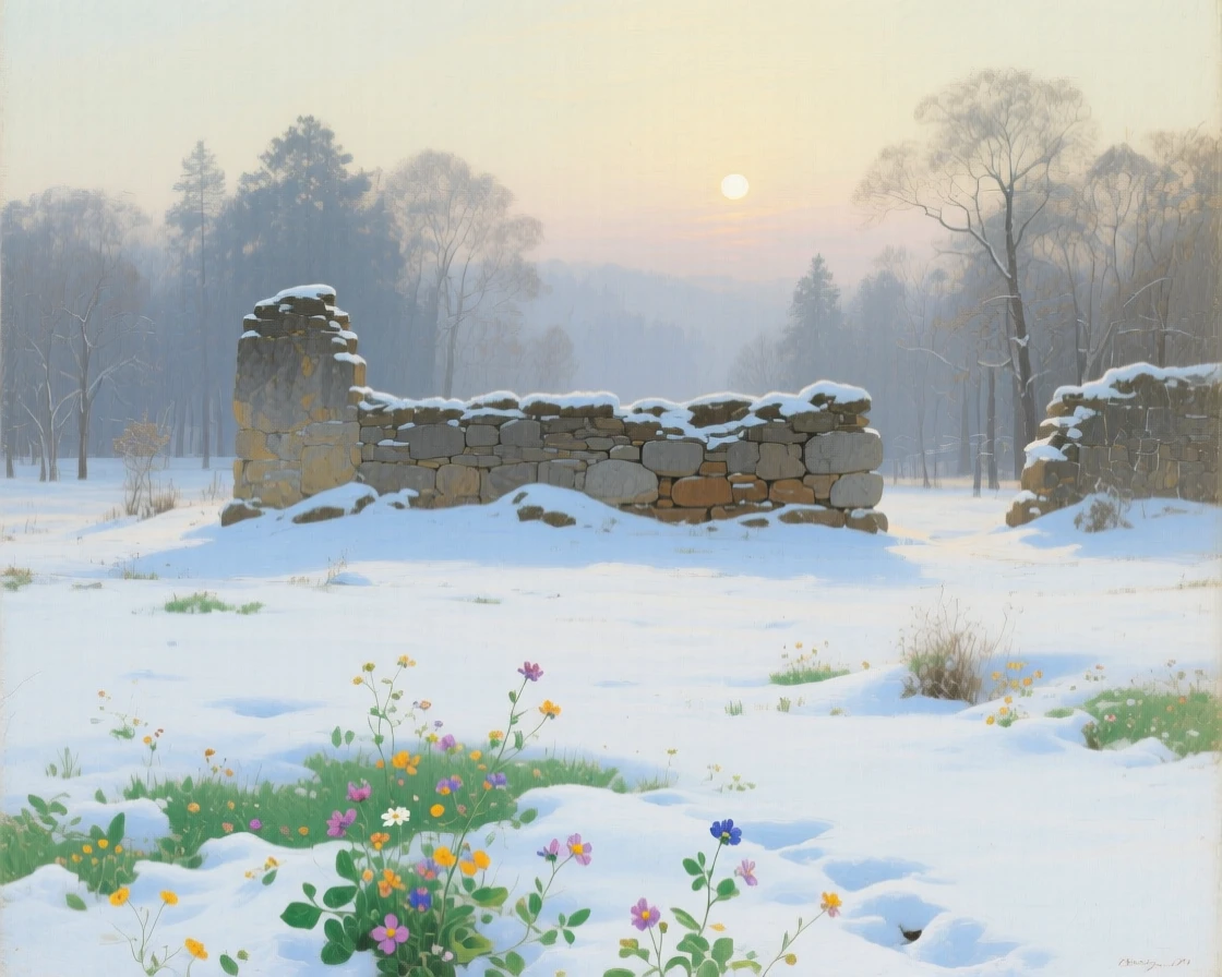 A snow-covered forest clearing beneath a pale winter sun holding the hush of early morning before the world awakens, set beside the remnants of an old stone wall or ruin, with wildflowers scattered like scattered jewels across the green; layered depth separates near, middle, and far distance beautifully, evoking peace, wonder, and quiet renewal.