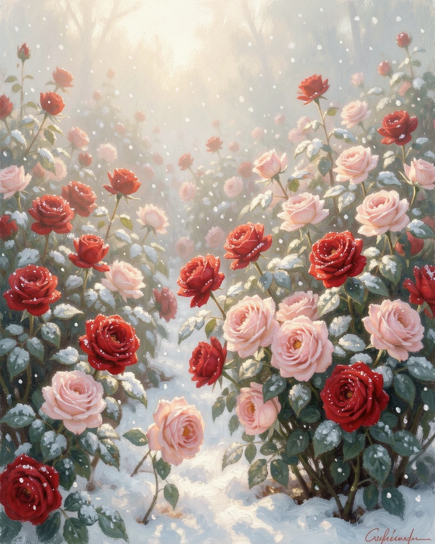 A rose garden in full bloom, dew clinging to velvety red and pink petals in early morning light, amid a gentle winter snowfall, filled with warmth and nostalgia.