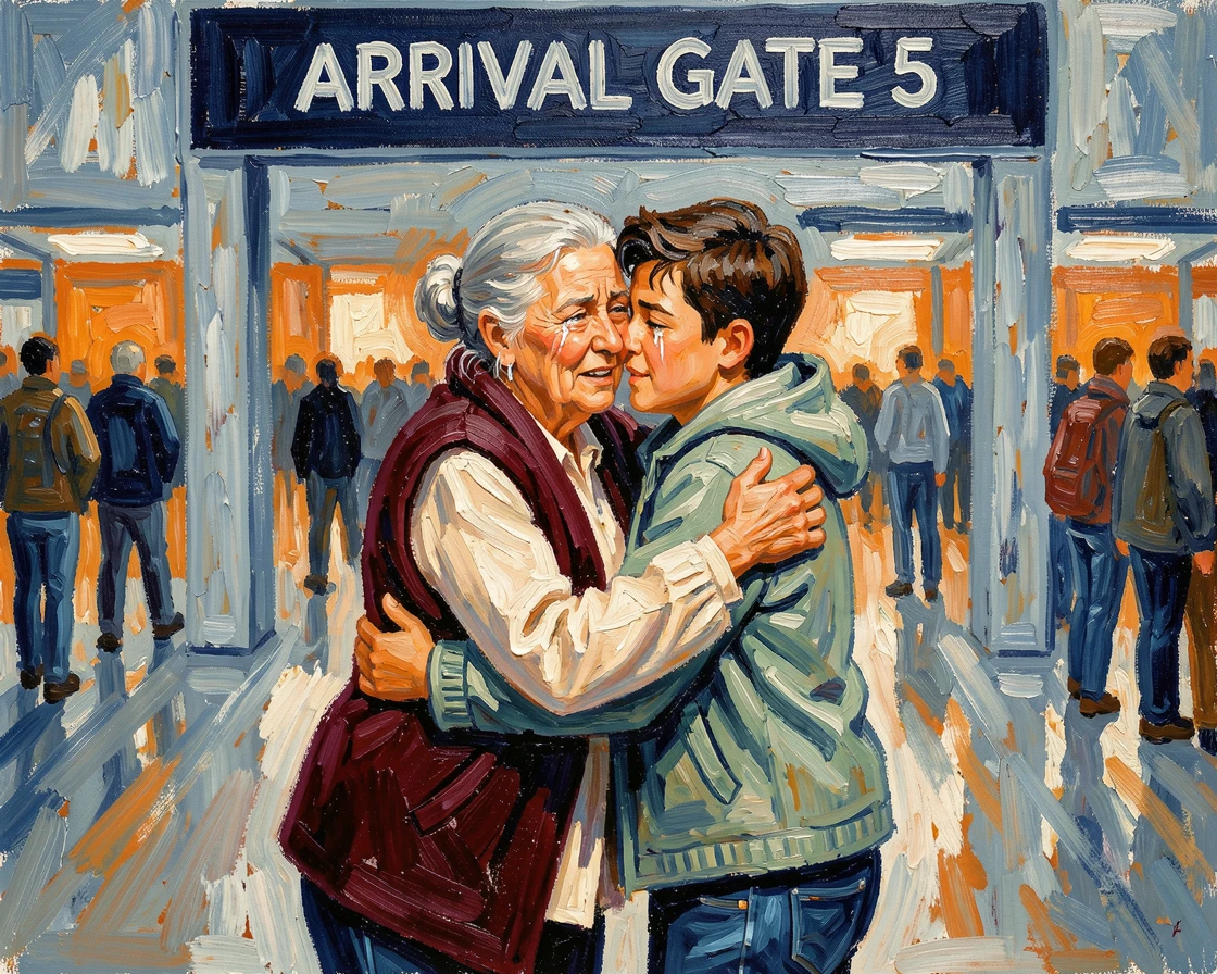 A grandmother embracing her grown grandchild at an airport arrival gate, both teary-eyed.