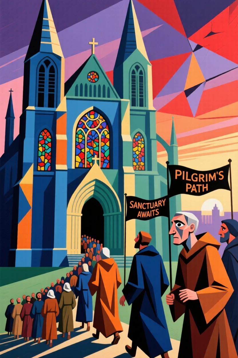 A vivid historical scene depicting a group of pilgrims arriving at a grand cathedral at dawn.