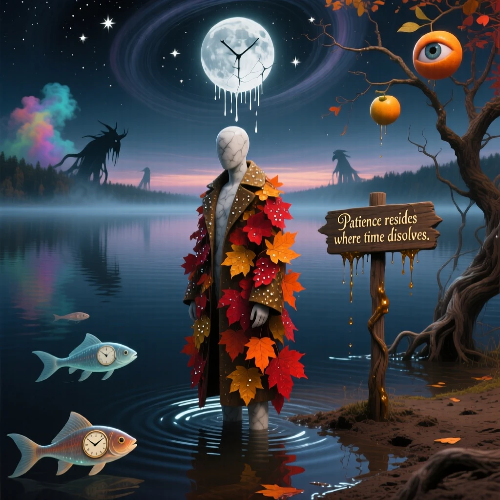 A faceless traveler wrapped in a coat of falling leaves waits patiently at the edge of a still, dark lake, as the ground beneath them slowly turns to still water.