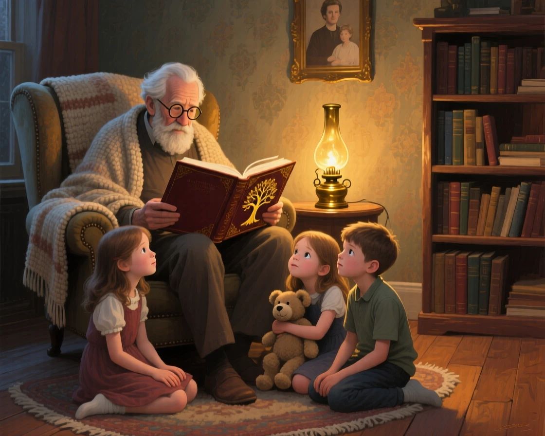 A gentle grandfather reads a bedtime story to his grandchildren by lamplight, their faces lit with wonder as they lean in close, their expression conveying a quiet depth of emotion that draws the viewer in.