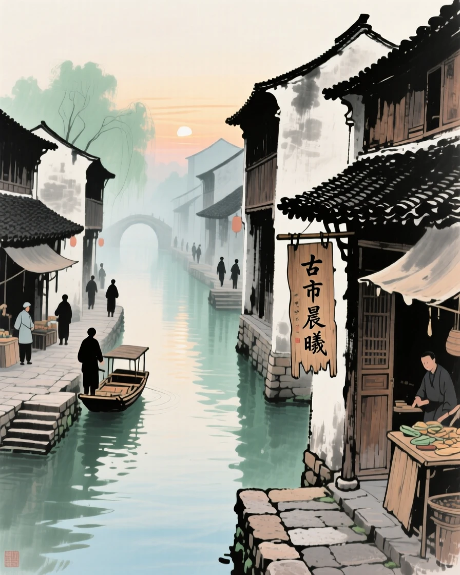 An ancient market town bustling quietly along a canal at dawn, radiating gentle serenity, at dawn.